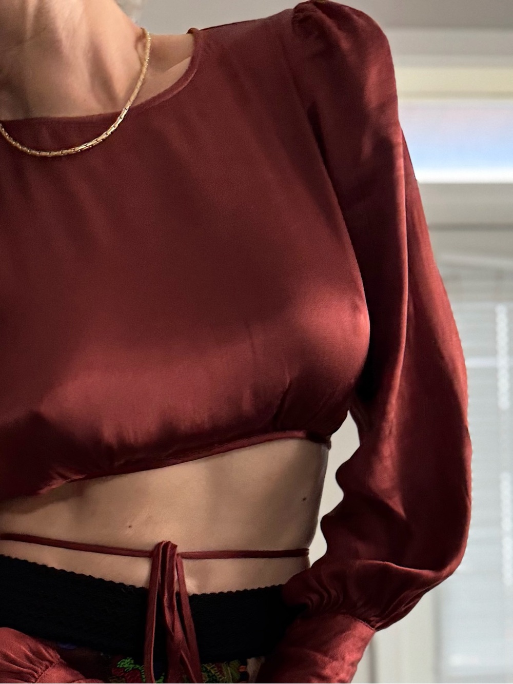 Satin Tie-Waist Crop Top in Burgundy